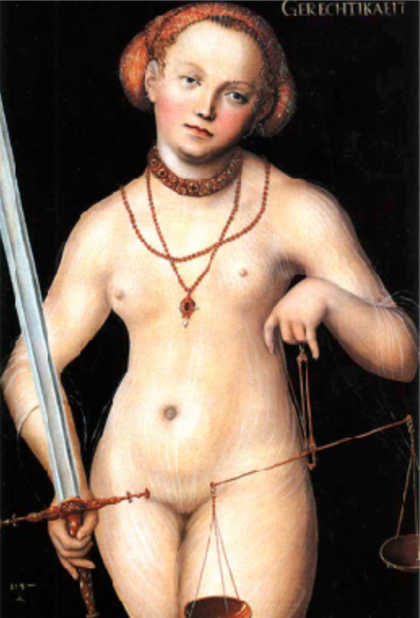 Gemälde einer nakten Frau mit Schwert in der einen und Waage in der anderen Hand.